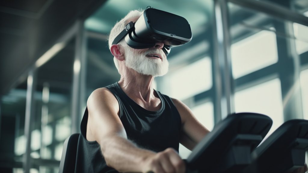 Patient at physiotherapy following a rehabilitation programme wearing a Virtual Reality headset