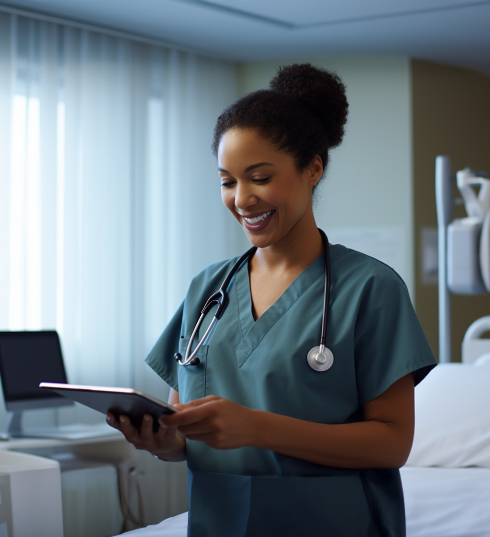 Nurse using a tablet to guide the patient using virtual reality during a treatment
